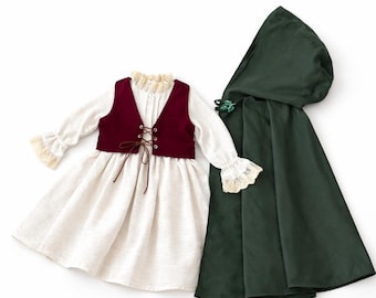 Personalized Toddler Medieval Woodland with Cloak-Hobbit Inspired Girl Dress-Baby Ring Bearer Outfit for Wedding-1st Birthday Medieval Dress