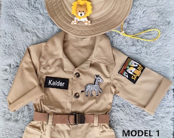 Safari personalizado largo, mono marrón de una pieza *Traje de aventura para bebés Safari *Traje para niños Safari de 1-2-3 años*Disfraz de niño pequeño de Halloween*