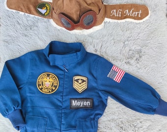 Abito da aviatore blu personalizzato per bambini, costume da aviatore blu scuro, costume da marinaio per bambini di Halloween, abito da pilota blu BABY, tuta da pilota da caccia della marina, vestito da pilota di aereo.