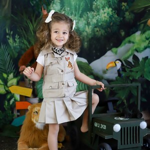 Personalized Toddler Safari Beige OutfitSafari Adventure Girl CostumeSafari Skirt and Vest 2 piece suit for girlKids Safari Beige Suit image 3