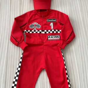 Gepersonaliseerde rode Racer lange jumpsuit Geruit rood Racer kinderpak Racer overall Autokostuum Peuter lange jumpsuit Halloween kinderkostuum afbeelding 8