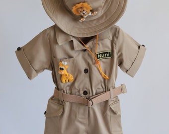 Gepersonaliseerde Safari lang-korte jumpsuit met een cadeau*Safari Adventure babykostuum* Peuter Safari outfit*1e verjaardag pak*Halloween kostuum