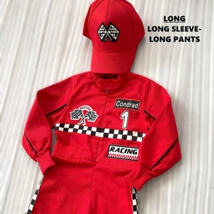 Gepersonaliseerde rode Racer lange jumpsuit Geruit rood Racer kinderpak Racer overall Autokostuum Peuter lange jumpsuit Halloween kinderkostuum afbeelding 6