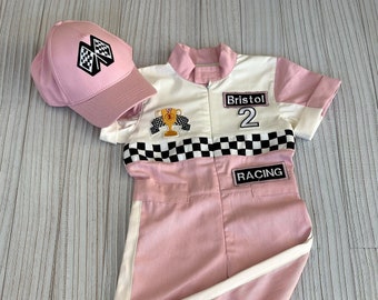 Personalized Pink Racer Long/Short Jumpsuit*Checkered Racer Short/Long Suit*Toddler Racer Overalls*Halloween kids Costume*Pink girl car suit