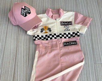 Personalized Pink Racer Long/Short Jumpsuit*Checkered Racer Short/Long Suit*Toddler Racer Overalls*Halloween kids Costume*Pink girl car suit