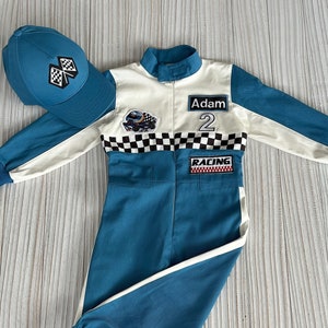 Personalized Blue Racer Long-Short Jumpsuit/Short Sleeve Jumpsuit*Checkered Racing Jumpsuit*Racing Overalls *Car Costume * Toddler Jumpsuit*