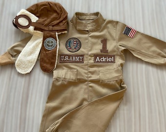 Personalized Brown Army Kids Costume with Captain Pilot Helmet*Toddler Pilot Suit*Fighter Pilot Overalls*Aircraft Pilot Suit*Baby Flight