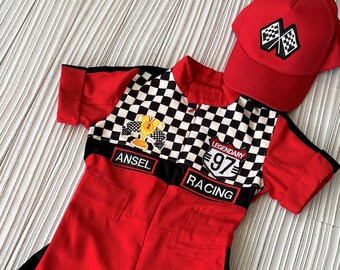 Personalized Red Black Checkered Racer Long/Short Jumpsuit * Red Racer Kids Suit * Racer Overalls *CarCostume *Toddler Short /Long Outfit*