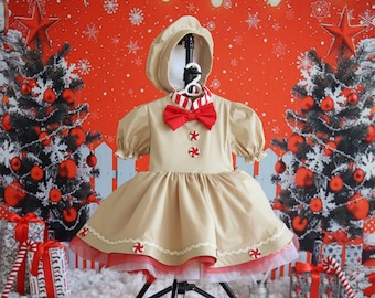 Robe en pain d’épice pour tout-petits, costume de fille beige-rouge de Noël, séance photo de Noël pour les filles, concept du nouvel an pour nourrissons, robe pour enfants cookies