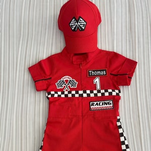 Gepersonaliseerde rode Racer lange jumpsuit Geruit rood Racer kinderpak Racer overall Autokostuum Peuter lange jumpsuit Halloween kinderkostuum afbeelding 3