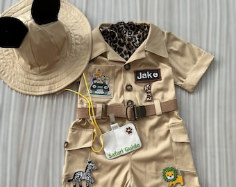 Tuta marrone lunga-corta personalizzata ispirata a Topolino* Costume per bambini Safari Adventure* Abito per compleanno Safari per bambini* Regalo per il primo compleanno