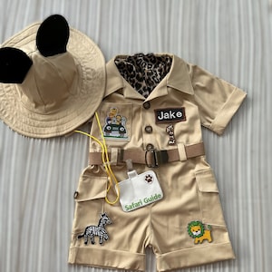 Personalized Mickey Mouse Inspired Long-Short Brown JumpsuitSafari Adventure Kids Costume Toddler Safari Birthday Outfit1st birthday gift zdjęcie 1