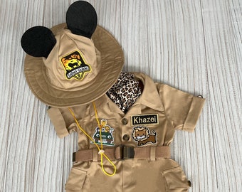 Personalized Mickey Mouse Inspired Short Sleeve Long Pants Brown Jumpsuit*Safari Adventure Kids Costume*Toddler Safari 1st Birthday Outfit*