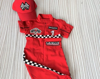 Personalized Red Racer Long/Short Jumpsuit *Checkered Red Racer Kids Suit * Racer Overalls *CarCostume * Toddler Short /Long Jumpsuit*