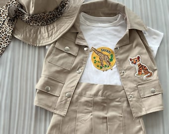 Personalized Toddler Safari Beige Outfit*Safari Adventure Girl Costume*Safari Skirt and Vest 2 piece suit for girl*Kids Safari Beige Suit*