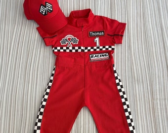 Personalized Red Racer Long/Short Jumpsuit *Checkered Red Racer Kids Suit * Racer Overalls *CarCostume * Toddler Short /Long Jumpsuit*