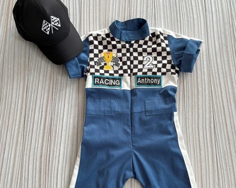 Personalized BLUE NEW MODEL Checkered Racer Long/Short Jumpsuit*blue Racer Kids Suit *Racer Overalls *CarCostume *Toddler Short /Long Outfit