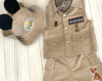 Traje personalizado de pantalones cortos marrones inspirados en Mickey Mouse*Disfraz de safari para niños de aventura*Traje de cumpleaños de safari para niños pequeños*1er traje de safari para bebés*