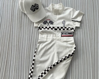 Personalized White Long Racer Costume*Checkered Racer Suit*Toddler Checkered Car Jumpsuit*Halloween Kids Costume*1st Birthday Baby Outfit*