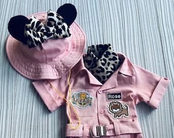 Personalized Minnie Mouse Inspired Pink-Beige Outfit with Belt*Safari Adventure Girl Costume*Safari Pink Suit*Toodler safari jumpsuit