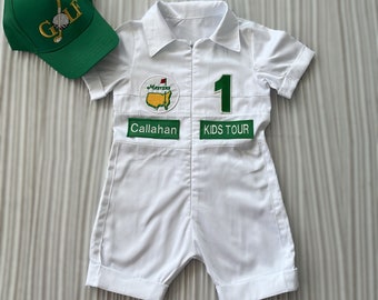 Personalized Golf Shorts-Long Caddy Outfit for kids*Toddler Golf White-Green Suit*Baby Golf 1st Birthday Uniform*Machine Embroidered Costume