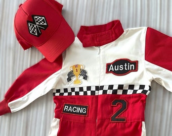 Personalized Red Racer LONG Jumpsuit *Checkered Racing RED Suit * Racing Overalls * CarCostume *1st Birthday Costume* Toddler Jumpsuit