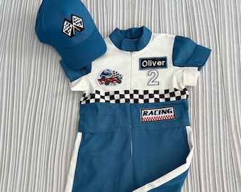 Gepersonaliseerde blauwe racer lang-korte jumpsuit/jumpsuit met korte mouwen* Geruite race-jumpsuit* Racing overall * Autokostuum * Peuter jumpsuit *