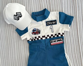 Personalized Baby Red-Blue-White-Black Racer Shorts Jumpsuit*Racer Kids 1st Birthday Suit*Two Fast Car Costume*Toddler Birthday Outfit Gift