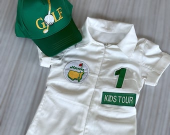 Tenue personnalisée de caddie long-short de golf pour enfants*Costume de golf blanc-vert pour tout-petits*Uniforme de golf pour bébé 1er anniversaire*Costume brodé à la machine