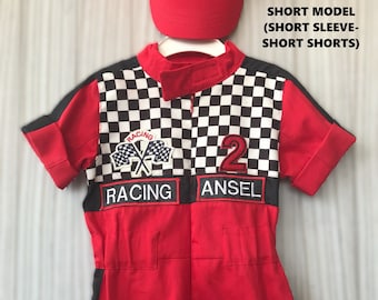 Combinaison longue/courte personnalisée Red Black Checkered Racer * Costume Red Racer Kids * Racer Salopette *CarCostume *Toddler Short /Long Outfit*