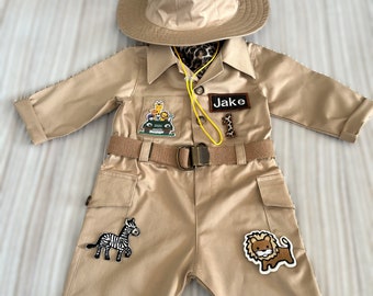 Safari personnalisé long, combinaison brune une pièce *Safari Baby Adventure Outfit *1-2-3 ans Safari enfants Costume*Halloween Tout-petit costume*