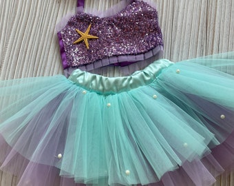 Costume violet inspiré de la sirène pour tout-petits, tenue de sirène pour bébé fille, barboteuse Tutu de sirène, costume de 1er anniversaire avec haut à paillettes, tenue Cake Smash