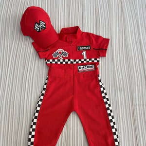 Personalized Red Racer Long/Short Jumpsuit *Checkered Red Racer Kids Suit * Racer Overalls *CarCostume * Toddler Short /Long Jumpsuit*