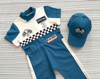 Personalized Blue Racer Long-Short Suit-Fast One Car Boy Costume*Toddler Racer Car Costume*Baby boy Birthday Outfit*Two Fast Birthday Suit