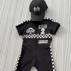 Personalized Black Racer Long/Short Sleeve Suit Toddler Black Two Fast Birtday OutfitFast One CostumeCar CostumeBaby Racer Jumpsuit image 3