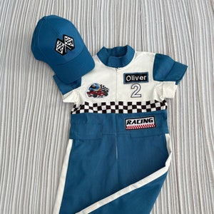 Gepersonaliseerde blauwe racer lang-korte jumpsuit/jumpsuit met korte mouwen Geruite race-jumpsuit Racing overall Autokostuum Peuter jumpsuit afbeelding 1