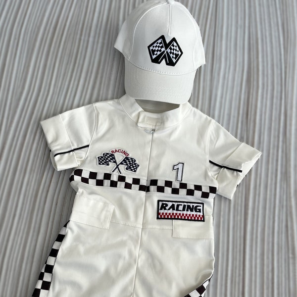 Personalized Baby White Racer Short Jumpsuit *two Fast White Racer Birthday Suit*White Car Racer Short Overalls*Toddler Two Fast Car outfit*