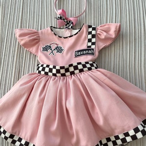 Personalized Pink/White Racer Girl Dress*Baby Girl CAR Dress*Toddler Pink Racer 1st Birthday Dress*Halloween Kids Costume*Birthday gift