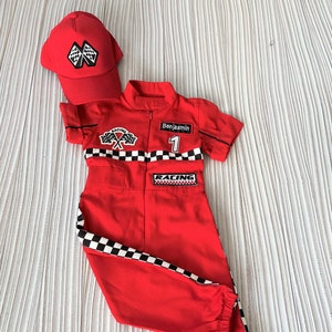 Personalized Red Racer Long/Short Jumpsuit Checkered Red Racer Kids Suit Racer Overalls CarCostume Toddler Short /Long Jumpsuit image 7