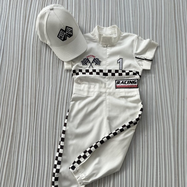 Personalized White Long Racer Costume*Checkered Racer Suit*Toddler Checkered Car Jumpsuit*Halloween Kids Costume*1st Birthday Baby Outfit*