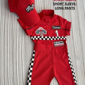 Gepersonaliseerde rode Racer lange jumpsuit Geruit rood Racer kinderpak Racer overall Autokostuum Peuter lange jumpsuit Halloween kinderkostuum afbeelding 5