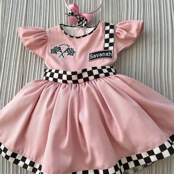Personalized Pink/White Racer Girl Dress* Baby Girl CAR Dress*Toddler Pink Racer 1st Birthday Dress*Halloween Kids Costume*Birthday gift