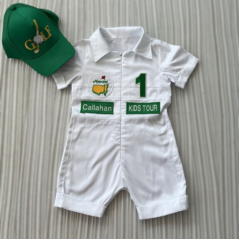 Personalized Golf Shorts-Long Caddy Outfit for kids*Toddler Golf White-Green Suit*Baby Golf 1st Birthday Uniform*Toddler Masters Costume