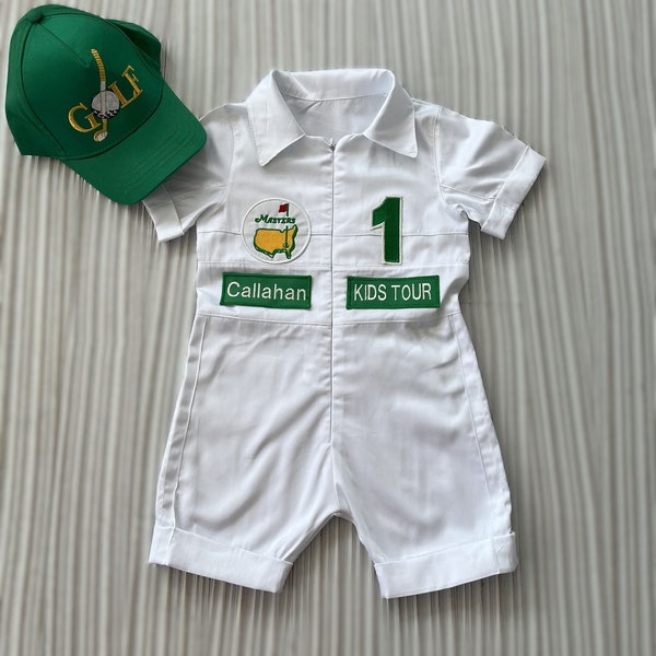Personalized Golf Shorts-Long Caddy Outfit for kids*Toddler Golf White-Green Suit*Baby Golf 1st Birthday Uniform*Machine Embroidered Costume