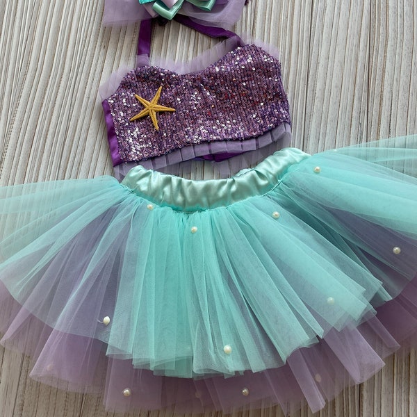 Toddler Mermaid Inspired Purple Costume,Baby Girl Mermaid Outfit,Mermaid Tutu Romper,1st Birthday costume with Sequin Top,Cake Smash Outfit