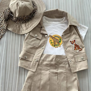 Personalized Toddler Safari Beige OutfitSafari Adventure Girl CostumeSafari Skirt and Vest 2 piece suit for girlKids Safari Beige Suit image 1