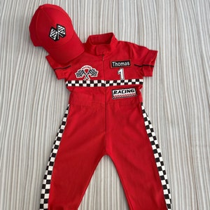 Personalized Red Racer Long/Short Jumpsuit *Checkered Red Racer Kids Suit * Racer Overalls *CarCostume * Toddler Short /Long Jumpsuit*