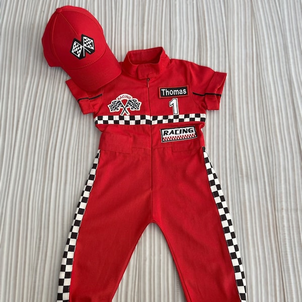 Personalized Red Racer Long/Short Jumpsuit *Checkered Red Racer Kids Suit * Racer Overalls *CarCostume * Toddler Short /Long Jumpsuit*