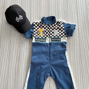 Personalized BLUE NEW MODEL Checkered Racer Long/Short Jumpsuit*blue Racer Kids Suit *Racer Overalls *CarCostume *Toddler Short /Long Outfit