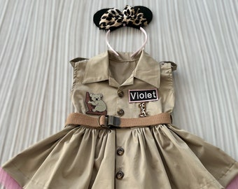 Vestido safari marrón inspirado en Minnie Mouse personalizado*Disfraz de aventura de safari*Safari para niños pequeños*Traje de cumpleaños de Safari para bebés*Vestido salvaje